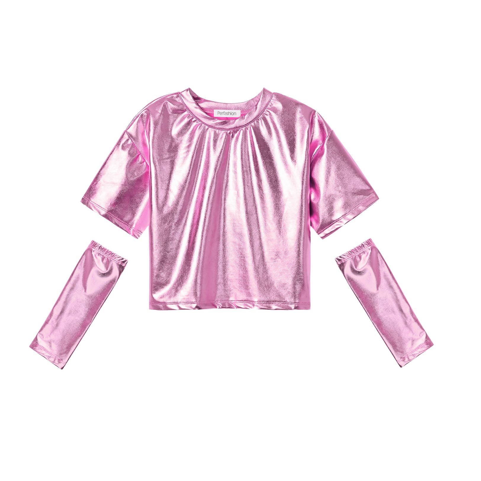 Perfashion Girls Metallic Shirts with Arm Sleeves, Shiny Crop Top for Dancing, Raves, Festivals, Costumes 4-15 Years