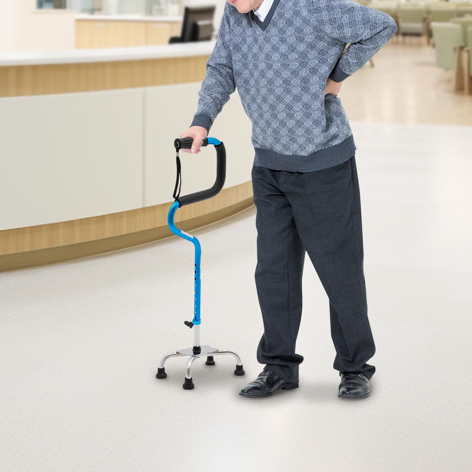 Bastone da passeggio a quattro piedi, supporto per piedi a quattro piedi, regolabile in altezza, fino a 136 kg, per uomini, donne e anziani (blu)