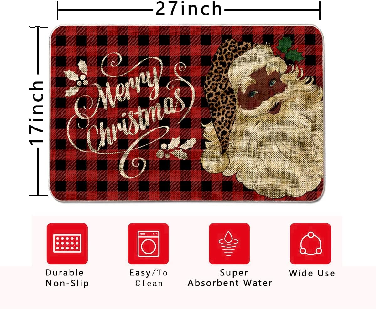 GAGEC Christmas Door Mat Outdoor Rug Black Santa Doormat African American Santa Claus Red Plaid Entrance Rug Farmhouse Decor Home Kitchen Floor Front Door Mats 17 x 27 Inch