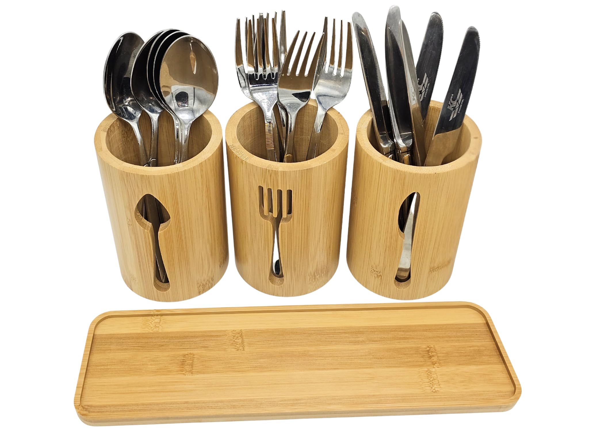Bambus-Besteckhalter-Set – 3 Küchenutensilienhalter Besteck-Organizer mit Bambus-Tablett | Dekorativer Küchen-Arbeitsplatten-Besteckständer | Utensilienhalter – Messer-, Gabel- und Löffelhalter