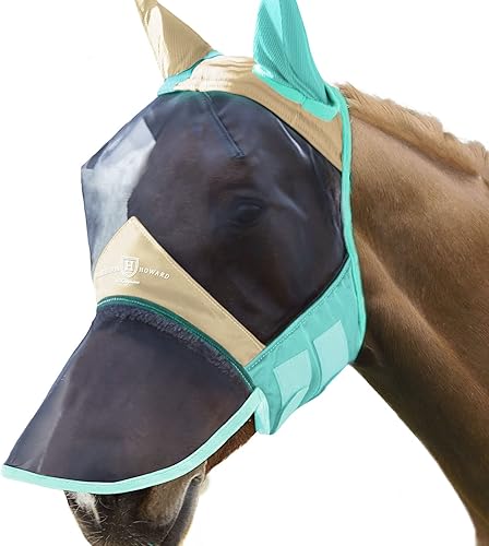 Vista 95 de Harrison Howard CareMaster Pro - Máscara luminosa para mosca de caballo, gran espacio para los ojos, nariz larga con orejas, protección UV para Azul