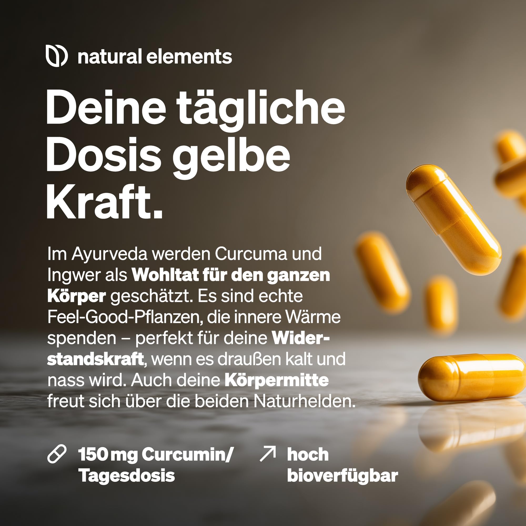 natural elements Bio Curcuma & Ingwer – 180 Kapseln – Bio Kurkuma, Bio Ingwer & Bio Pfeffer – mit Curcumin & Piperin – hochdosiert – in Deutschland produziert & laborgeprüft Vegan