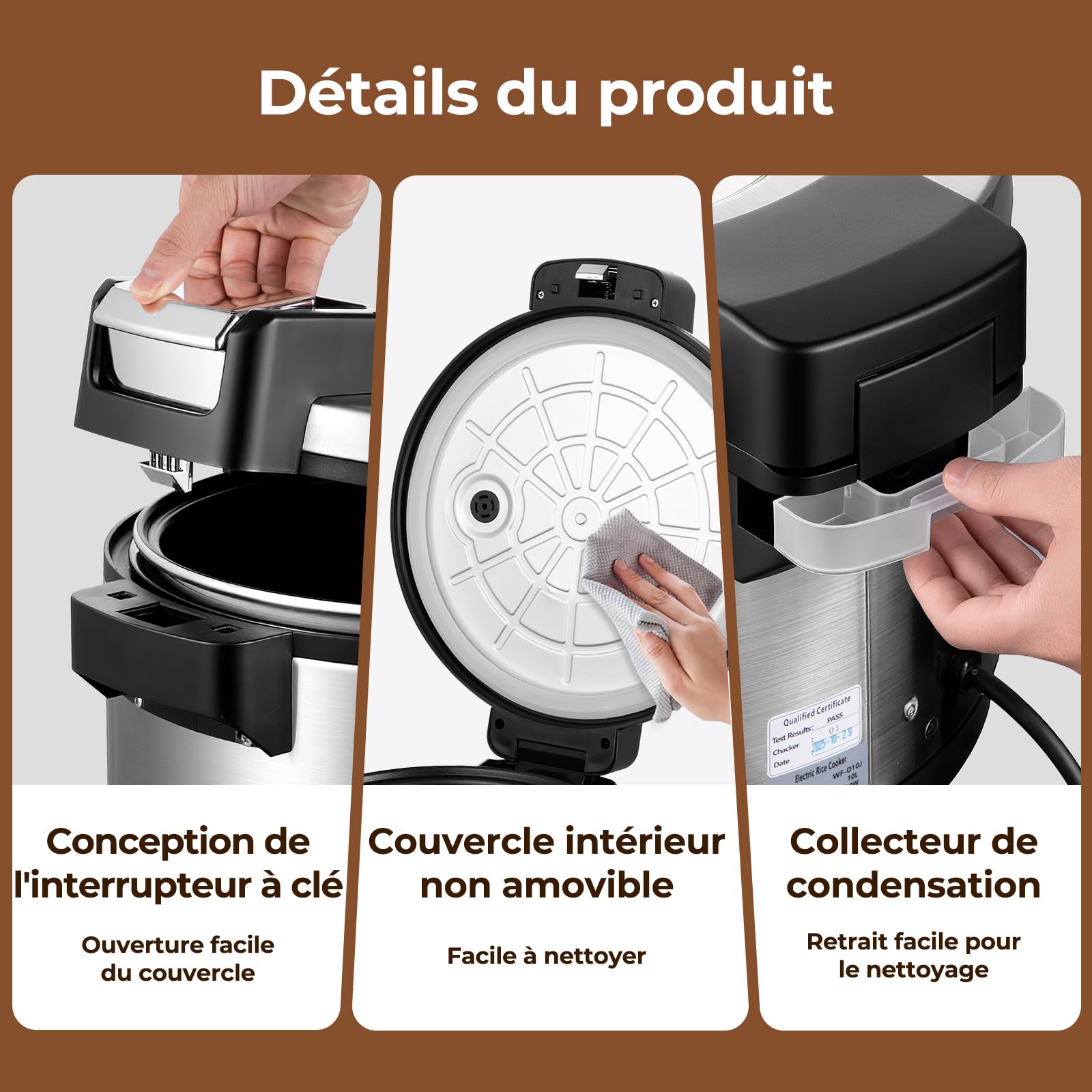 Cuiseur à Riz Professionnel 10 L 1850 W, Cuiseur de Riz Électrique Grande Capacité, Maintien au Chaud, 50 Tasses de Riz Cuit, Cuve Antiadhésive, Cuisson Rapide pour Restaurant, Traiteur
