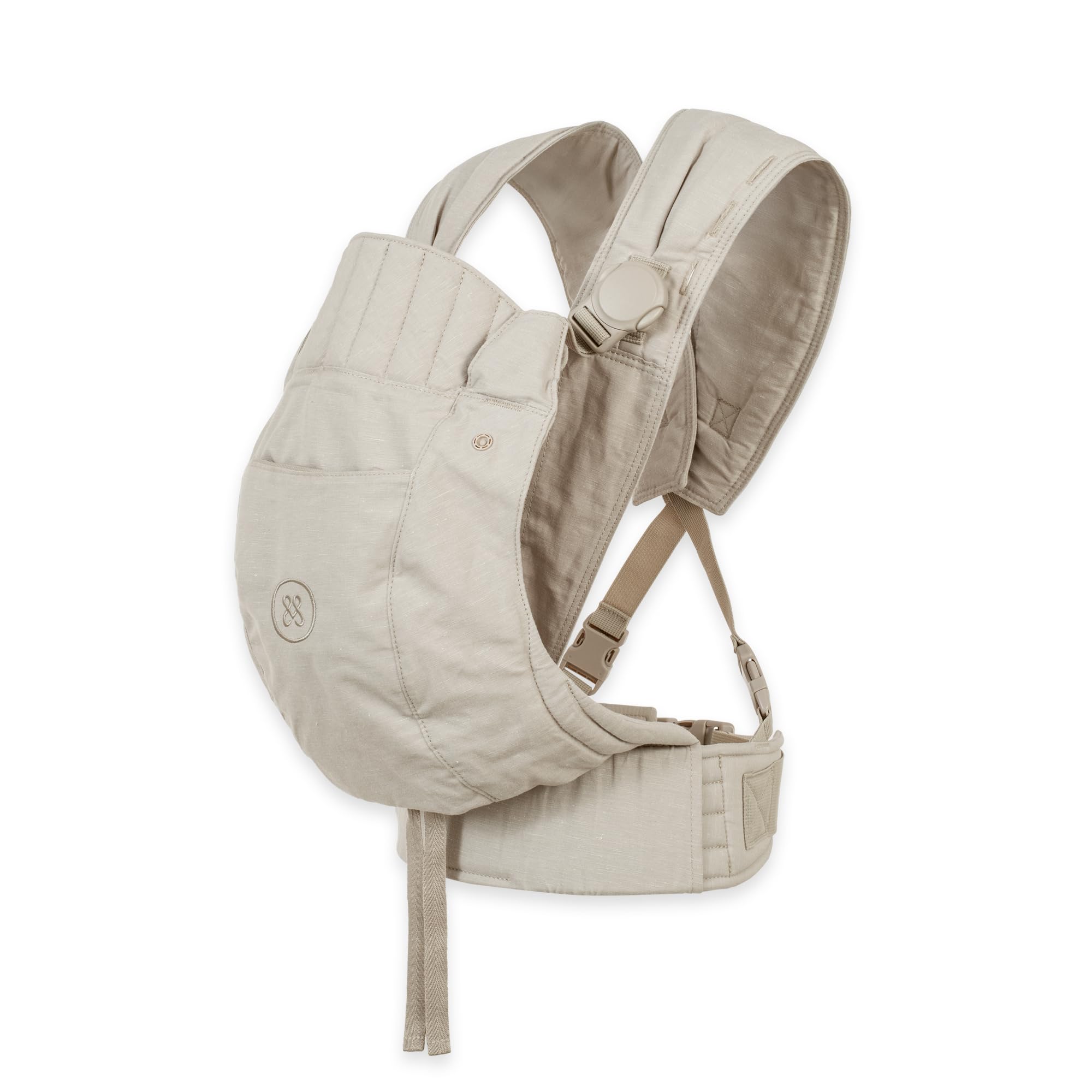 emma & noah Premium Babytrage – mitwachsend 3,5–15kg, ergonomisch, leise Magnetverschlüsse, gepolsterte Gurte & Hüftgurt, Leinen & Bio-Baumwolle (Essential Beige)