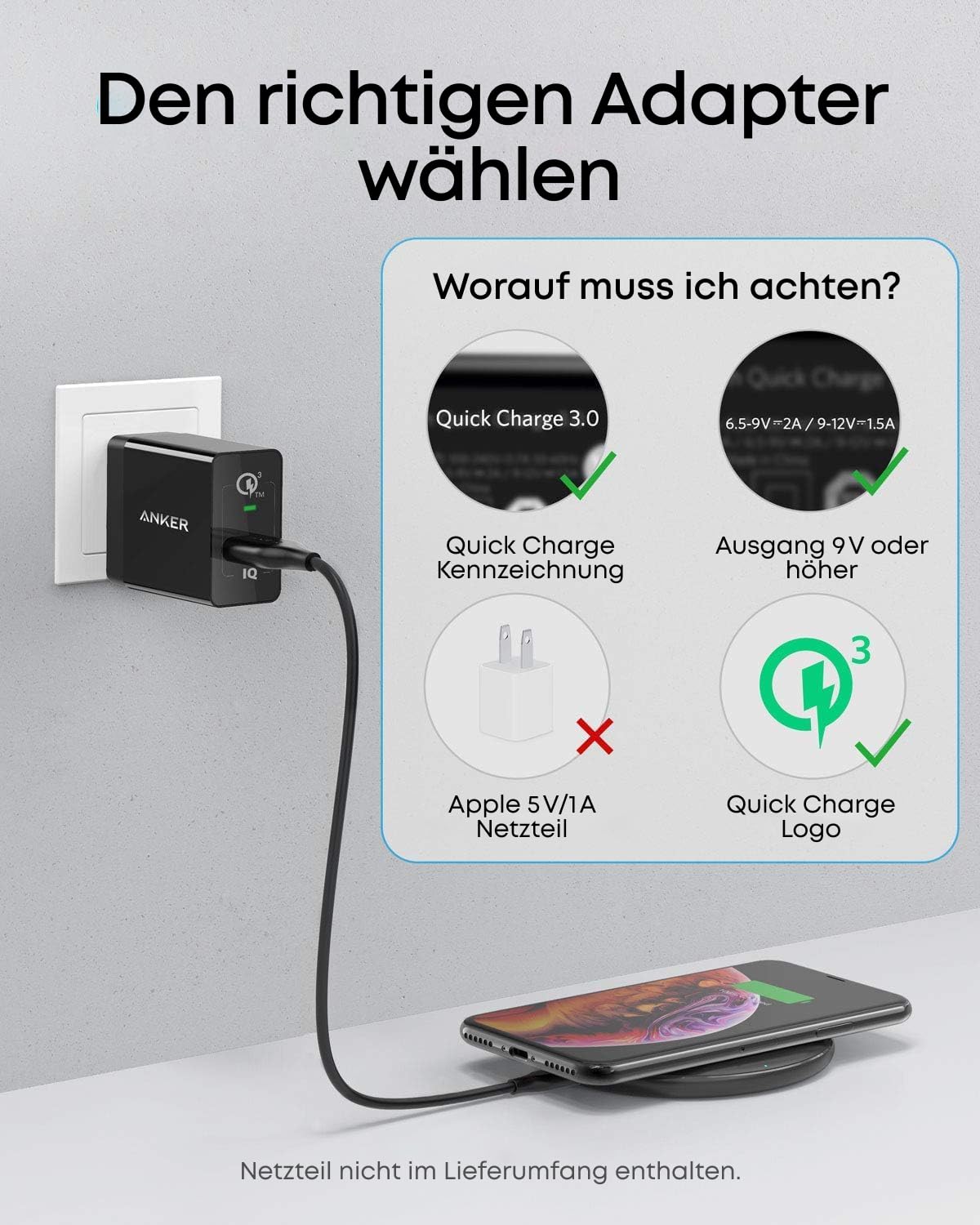 Anker Kabelloses Ladepad Pad, Qi-Zertifiziert 10W Max für Samsung, Kompatibel mit iPhone 17/16/15/14/13 Serie, AirPods (Ohne Netzteil, Nicht kompatibel mit MagSafe Magnetischer Ladefunktion)
