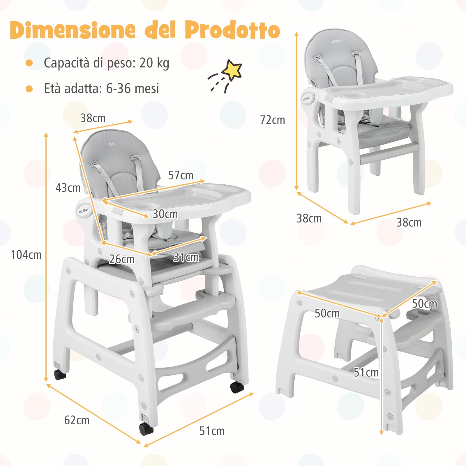 COSTWAY 3 in 1 Seggiolone Pappa Bambini, Seggiolone Neonati con Vassoio Rimovibile, Sedia e Tavolo Convertibile Ragazzi, Schienale Regolabile, Cintura di Sicurezza, per Bambini 6-36 Mesi (Grigio)
