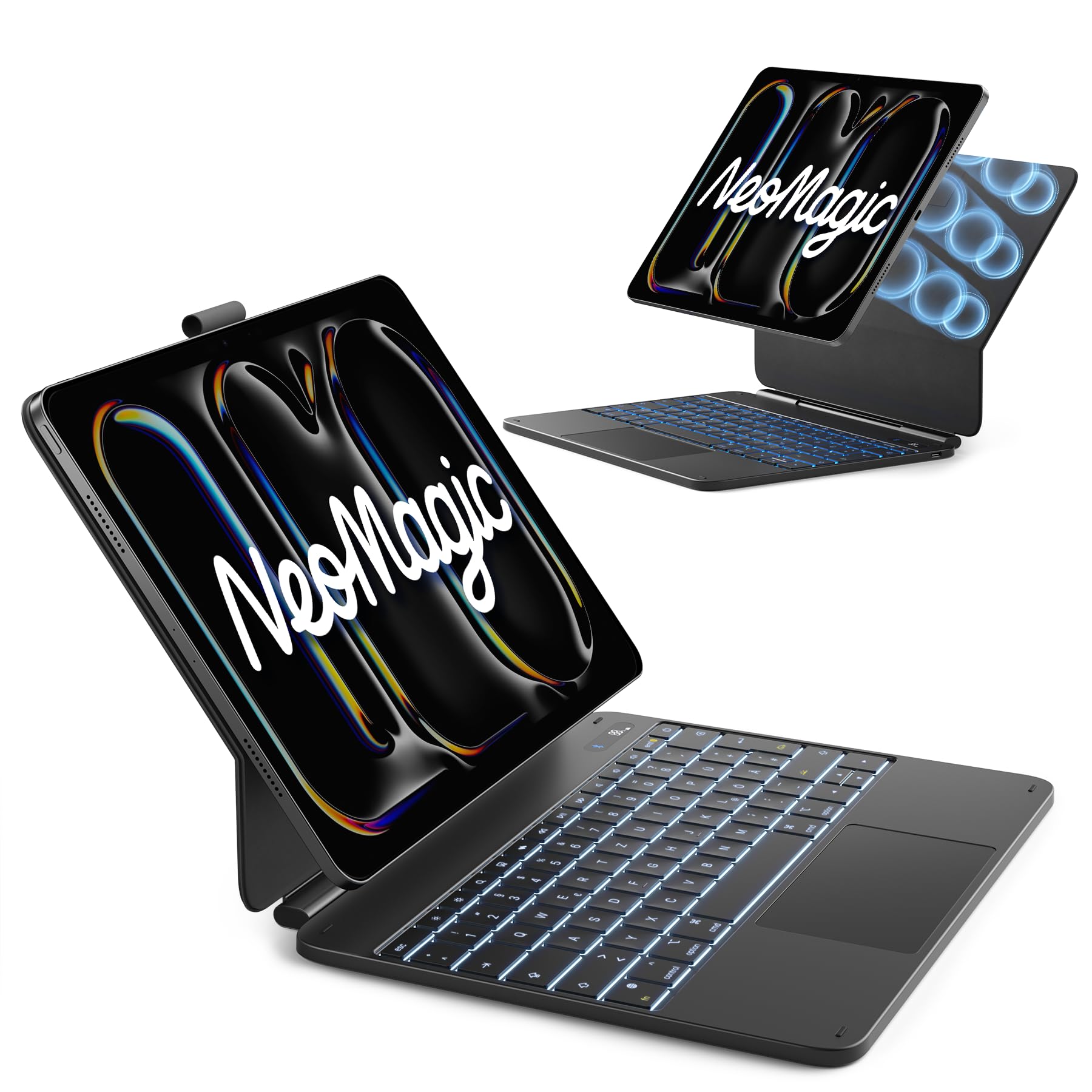 Inateck Hülle mit Tastatur iPad Air 13, flachscharnier, großes Touchpad | für iPad Air 13 M4/M3/M2 & Pro 12,9" (6./5./4./3.), LED-Anzeige, 6 Tastenreihen, 7 FarbigerBeleuchtung, Neomagic,schwarz