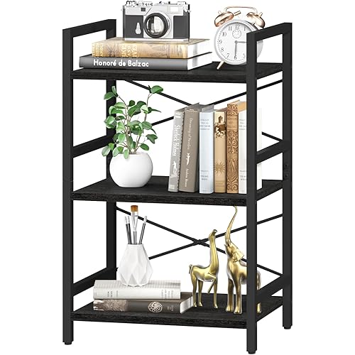 Yoobure Bookshelf Small Book Shelf, Solid Industrial 3 Tier Shelf Bookcase, Short Book Case for Bedroom, Living Room, Office Home, Small Spaces, Easy Assembly Black