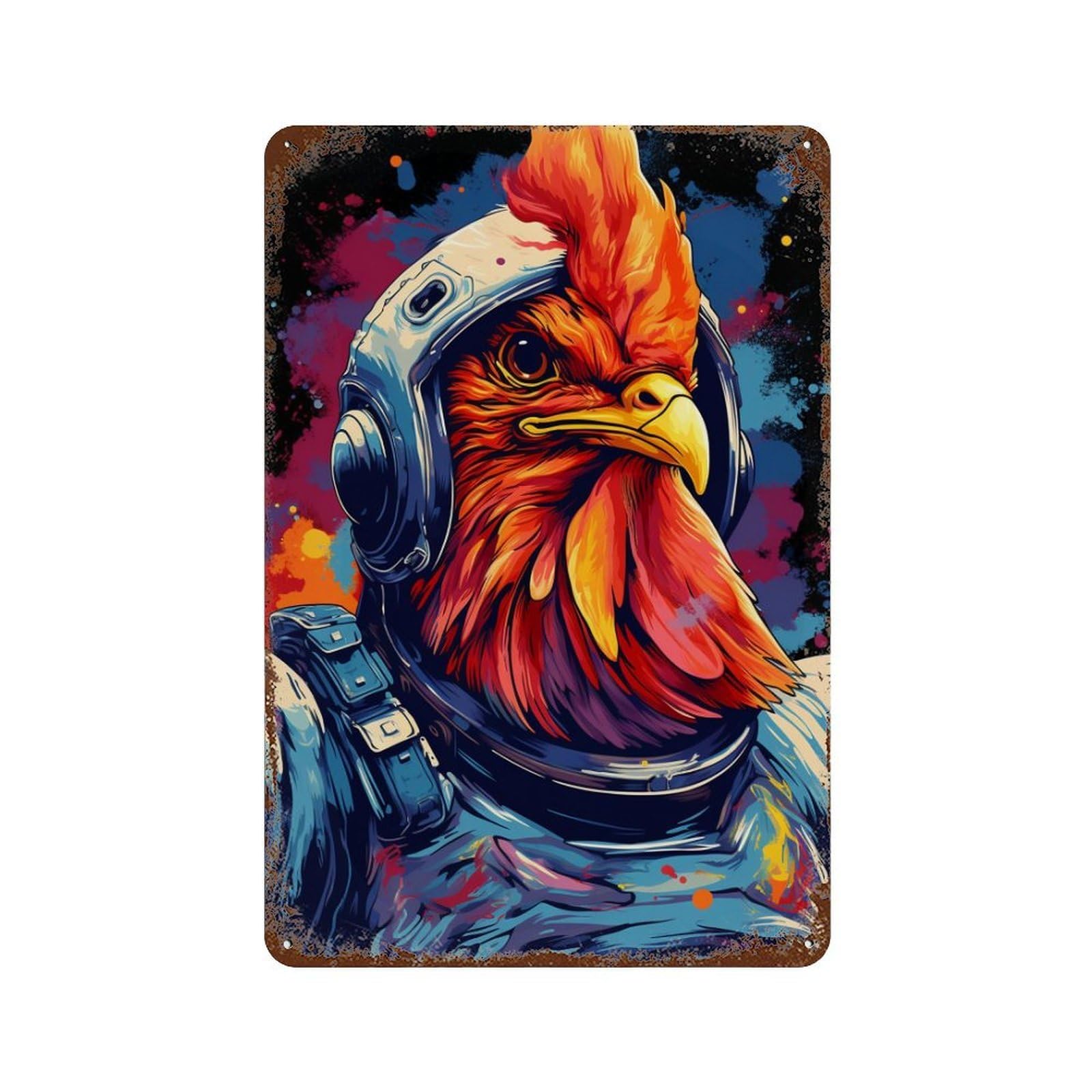 Rust Effect Space Chicken Helmet Art Retro Metal Sign 11.8"x7.9", Farmhouse Wall Decor for Living Room, Hallway And Home Decor