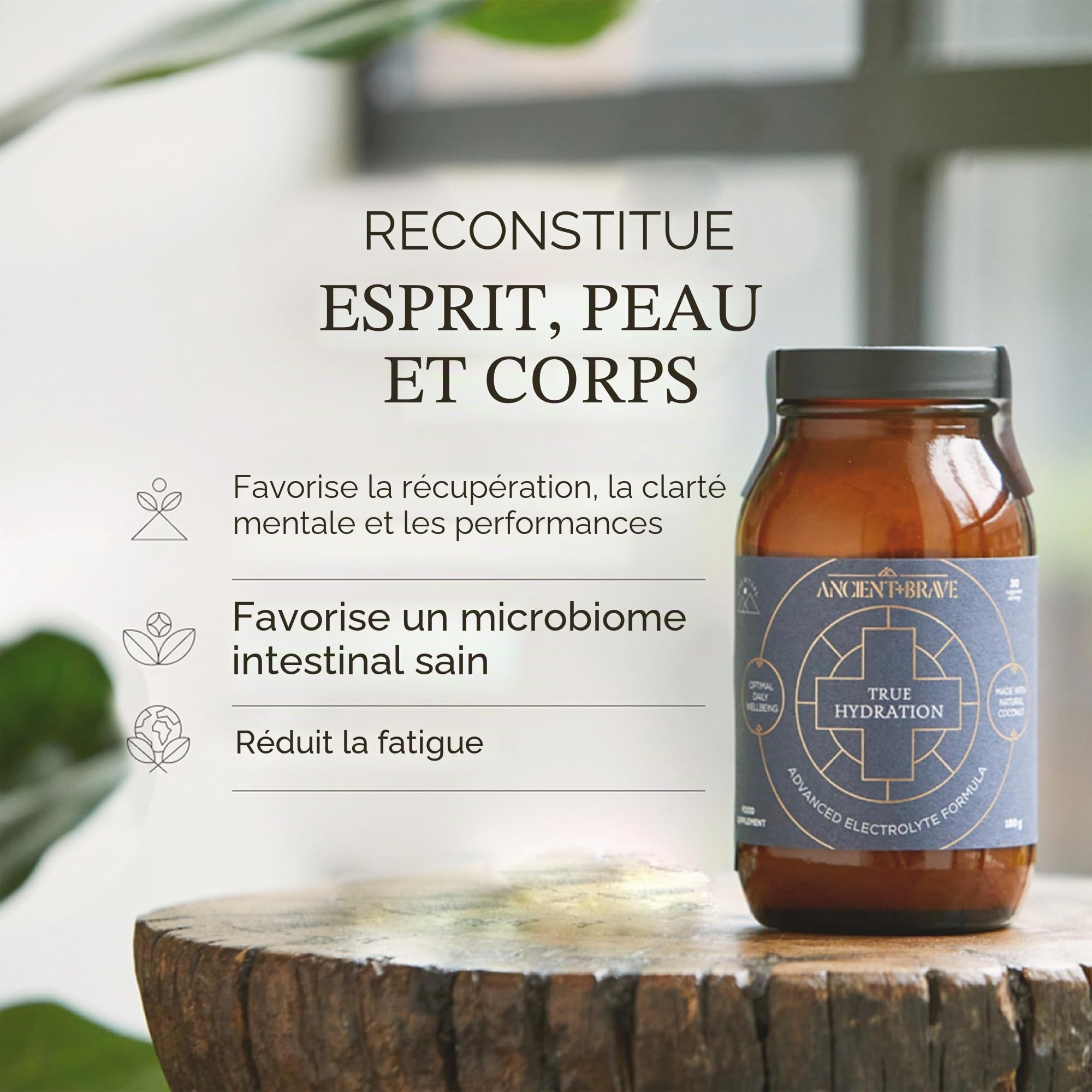 Ancient + Brave - True Hydration - Pot de 180 g - Poudre d'Electrolyte pour Hydratation - Mélange de Magnésium Potassium, de Chrome et d'Eau de Noix de Coco pour la Récupération Après l'Entraînement