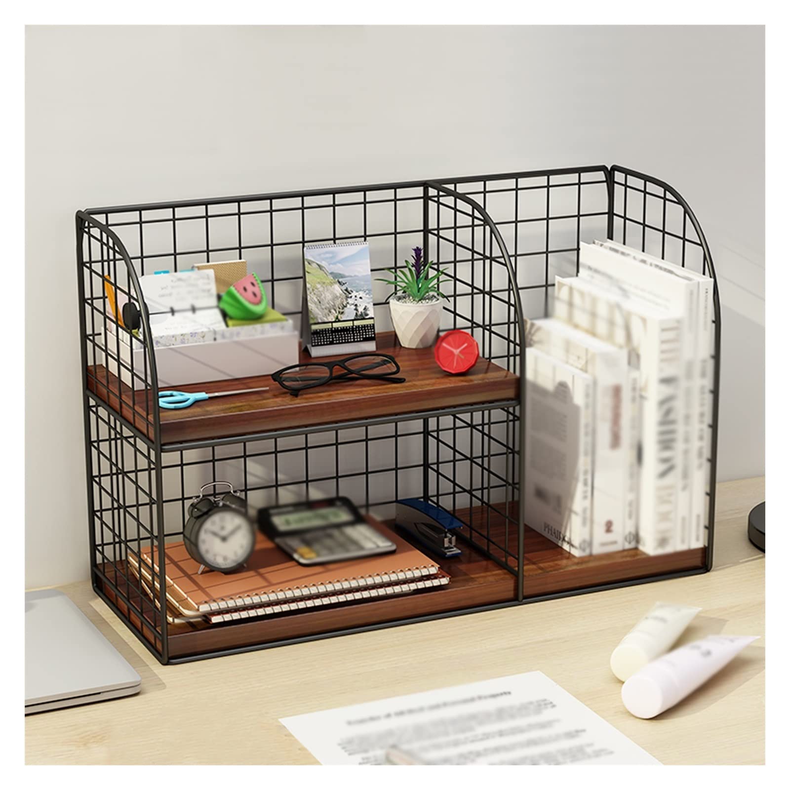 Huangj-0527 Book Storage Mesh Desk Organizer Office Desktop with brown compartment panel, Metal Black bookshelf, 15.7 x 6.2 9.8 inch, 1 Pack