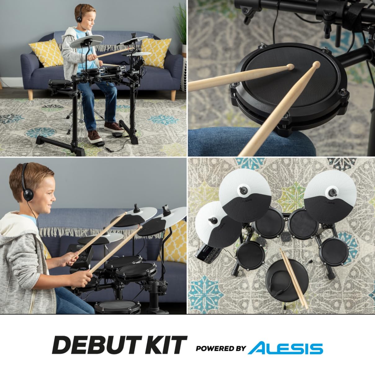 Alesis Debut Kit - Kinder Drum Kit mit 4 Mesh E-Drum Set Pads, 120 Sounds, 100 Lektionen, Schlagzeughocker, Drum Sticks, Stimmschlüssel und Kopfhörern