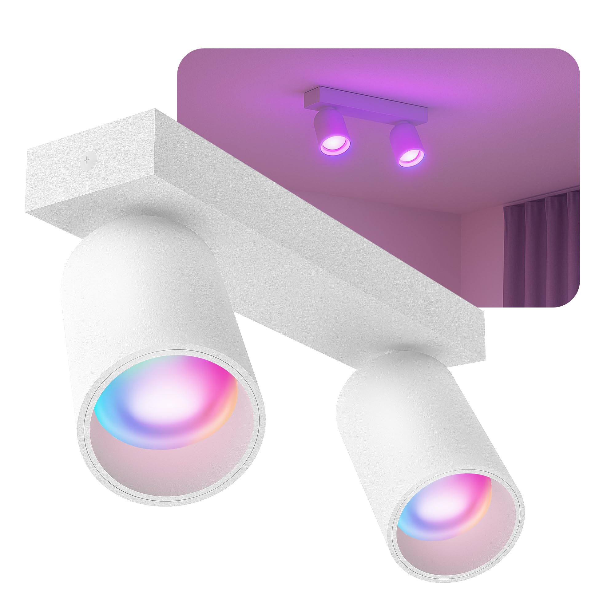 SSC-LUXon NUVIO Deckenstrahler 2-flammig weiß Smart GU10 LED WLAN RGBW App | Zweiflammiger Spotbalken weiß - per App & Alexa steuerbar, RGB-Farblicht, Köpfe schwenkbar für Wohnzimmer & Küche, ohne Hub