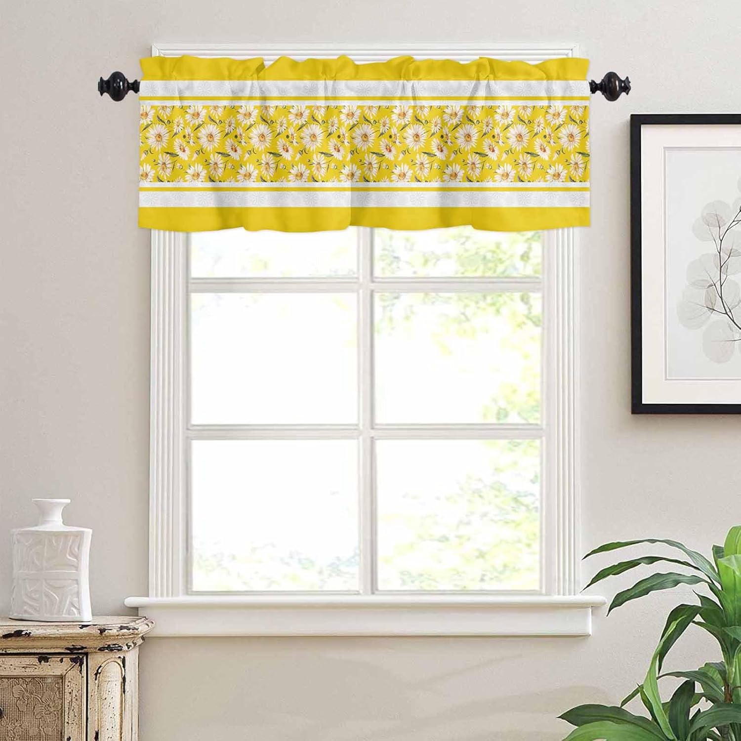 Spring Daisy Valance Curtains Spring Flower Summer Floral Farmhouse Rustic Yellow Linen Texture Rod Pocket Window Valance Short Curtains for Living Room/Bedroom/Bathroom Small Windows 60x18in