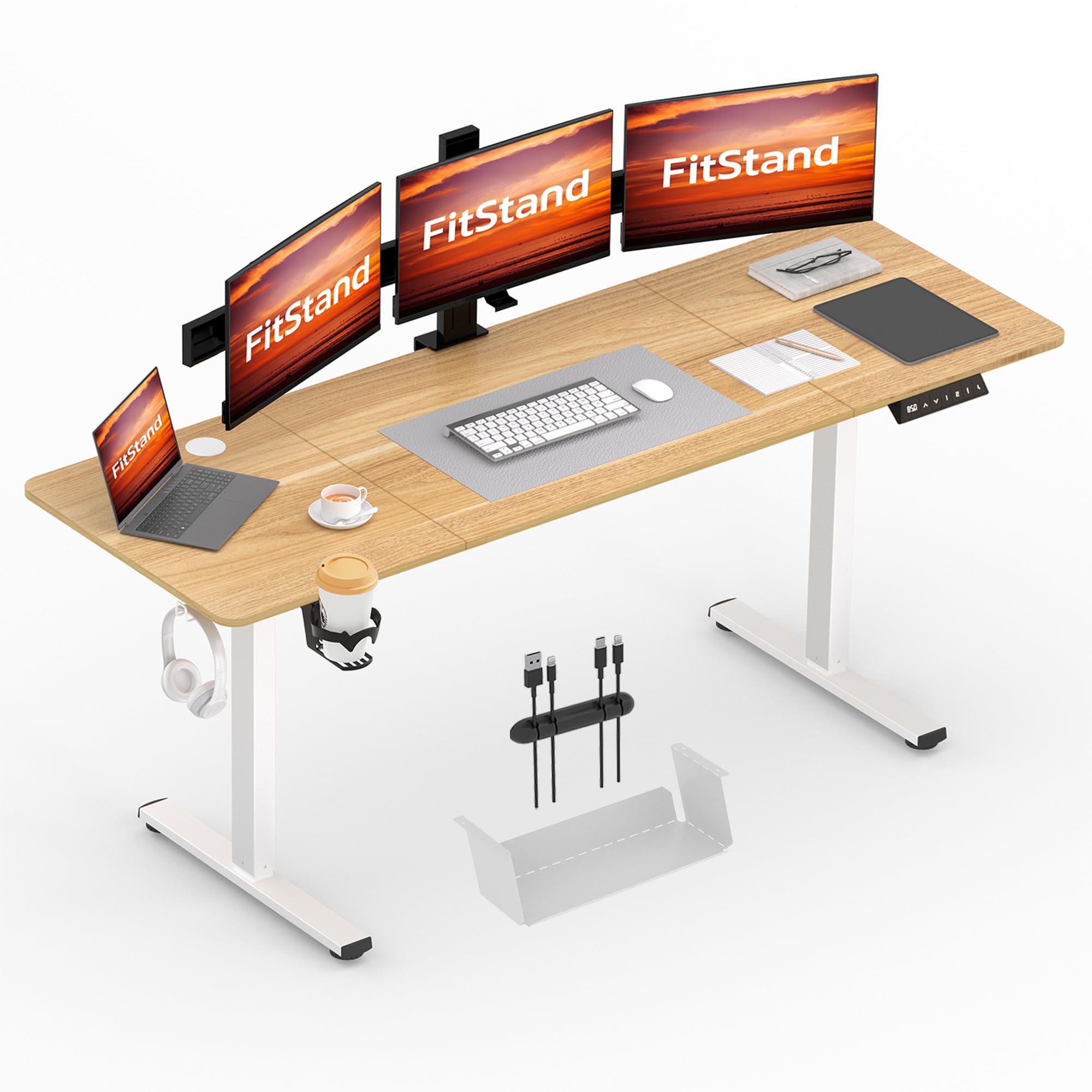 FitStand 200x80cm Electric Height Adjustable Standing Desk, Sit Stand Desk, Computer Desk With Hooks, Cupholder, Memory Function, Suitable For Office And Home - Maple