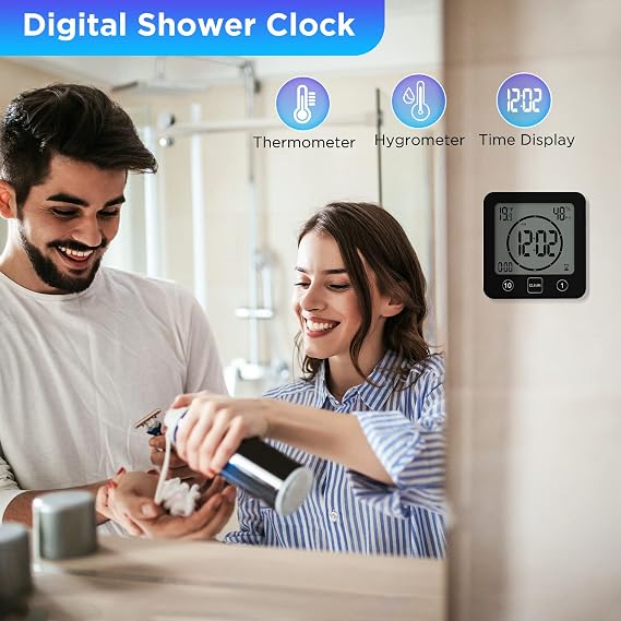 Digital Bathroom Shower Wall Clock Timer, Shower Clock Waterproof with Big LCD Display, Touch Screen Timer with Suction, Large Countdown Visual Hanging Wall Clock (Black)