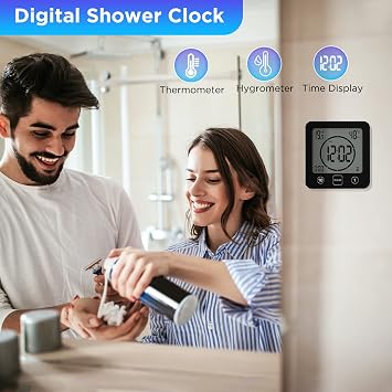 Digital Bathroom Shower Wall Clock Timer, Shower Clock Waterproof with Big LCD Display, Touch Screen Timer with Suction, Large Countdown Visual Hanging Wall Clock (Black)