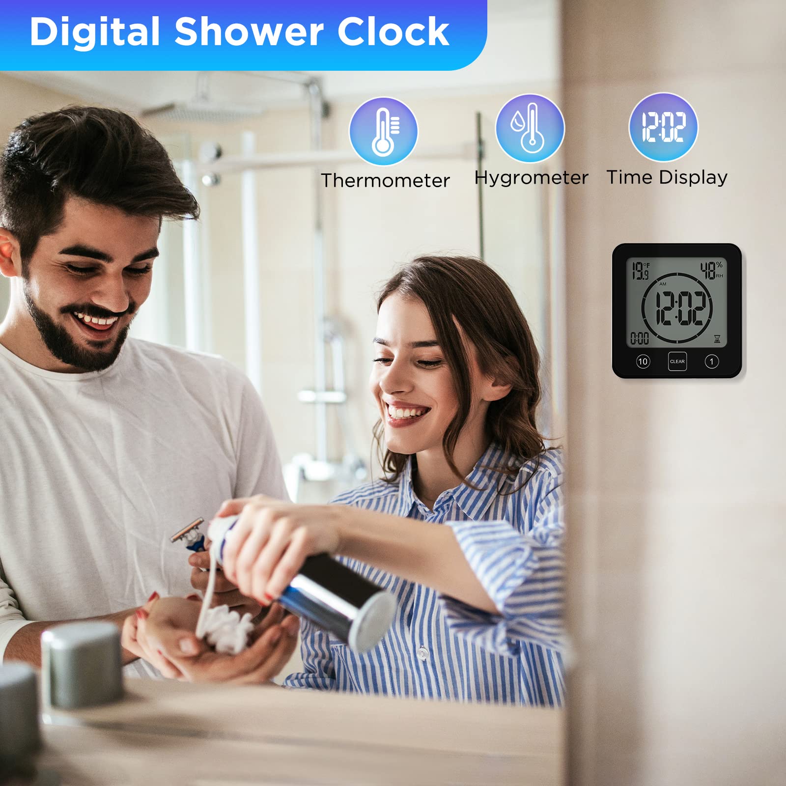 OurLeeme Orologio da doccia impermeabile quotidiano, orologio da bagno con timer con grande display LCD, indicatore di umidità, controllo timer, conto alla rovescia per la casa, il bagno