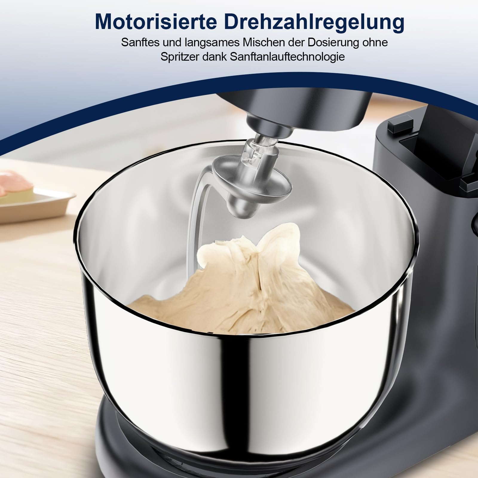 Camic Küchenmaschine mit LED-Display, Zeit Einstellen, Knetmaschine mit Rührhaken, Knethaken, Schlagbesen, 10 Stufen, 2 Edelstahlschüsseln 4L+5L, für Teig, Brot, Pizza, Kuchen