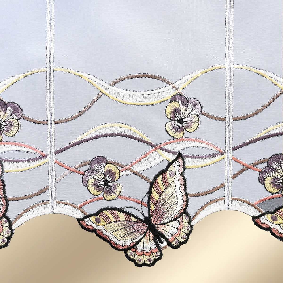 Bestickte Scheibengardine Schmetterling gelb-braun mit hochwertiger Plauener Stickerei 55 x 80 cm