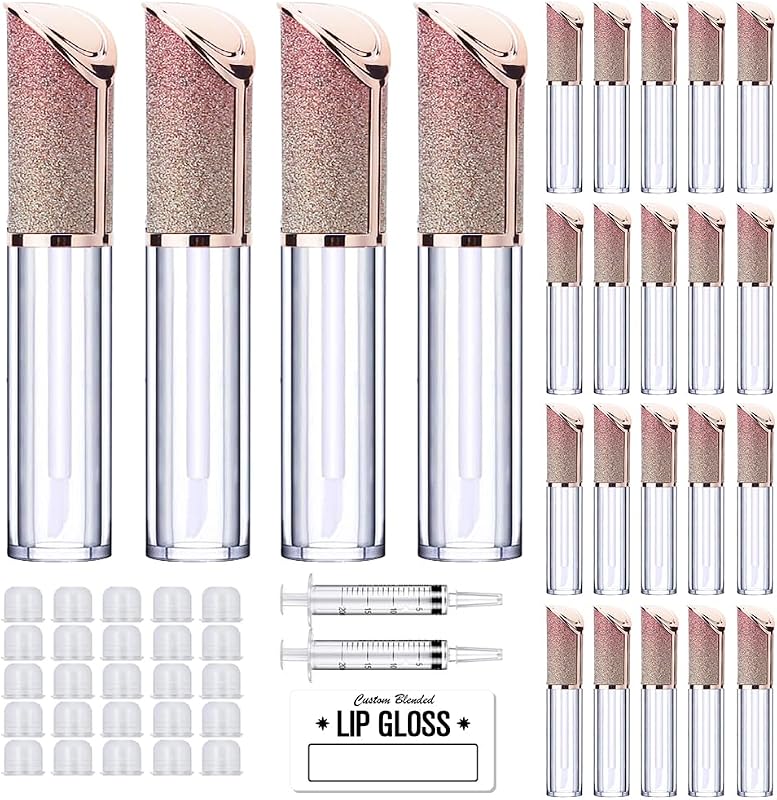 AMORIX 24 tubos vazios com glitter para gloss labial, 5 mL, com aplicador e seringas