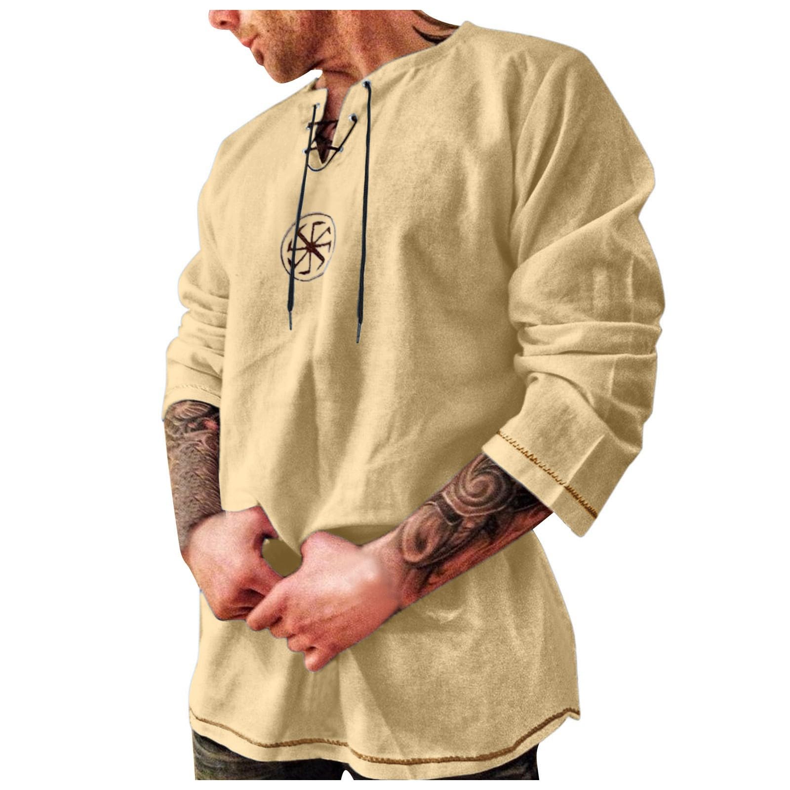Linen Shirt Men Cotton,Drawstring Casual for Medieval,Viking,Hippie,Halloween Medieval Top Mens Viking T Shirts Adult Lace Up Neck Men's Tops, T-Shirts & Renaissance (10 Khaki,M)