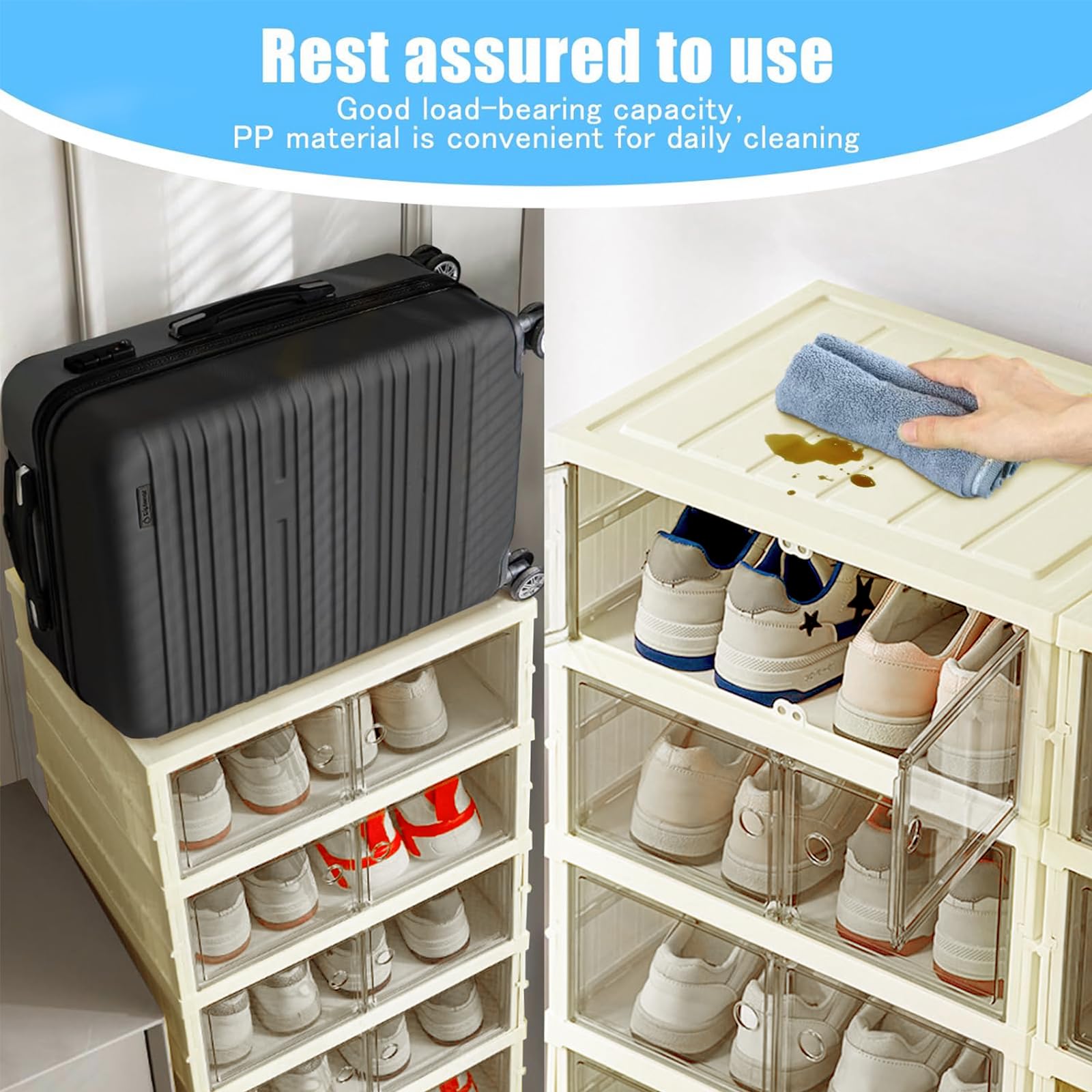 Rangement Chaussures Pliable Dur Plastique 6 étage Pointure Jusqu’à 46 Casier Chaussures Meuble Armoire pour 12pcs Chaussures Boite pour Entree Salon Chambre avec aspiration magnétique Porte