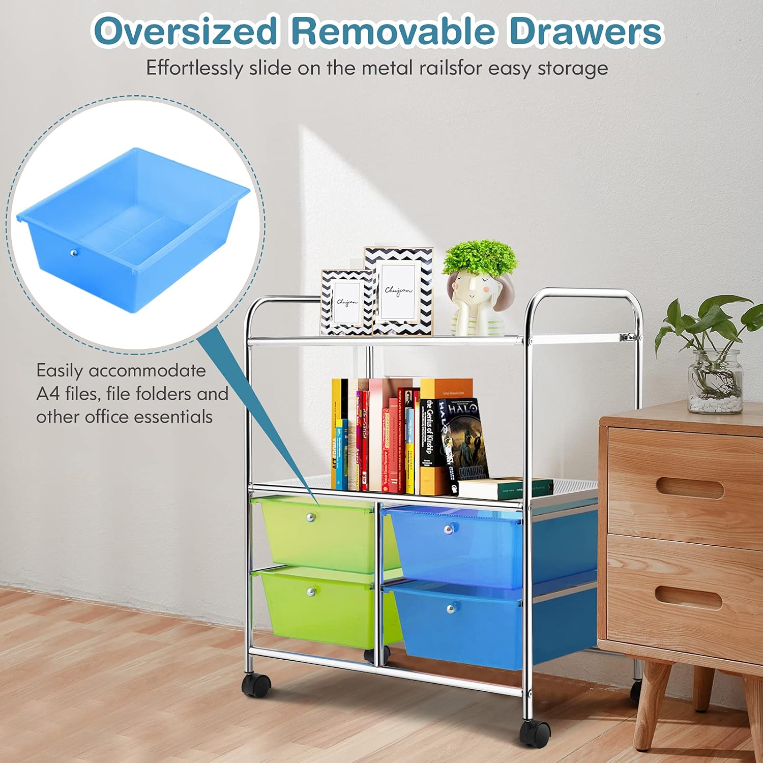 GOFLAME 4-Drawer Rolling Storage Cart with 2 Shelves, Mobile Utility Cart with Removable Drawers and Metal Frame, Art Craft Drawer Cart with Lockable Wheels for Home, Office, School, Studio, Green
