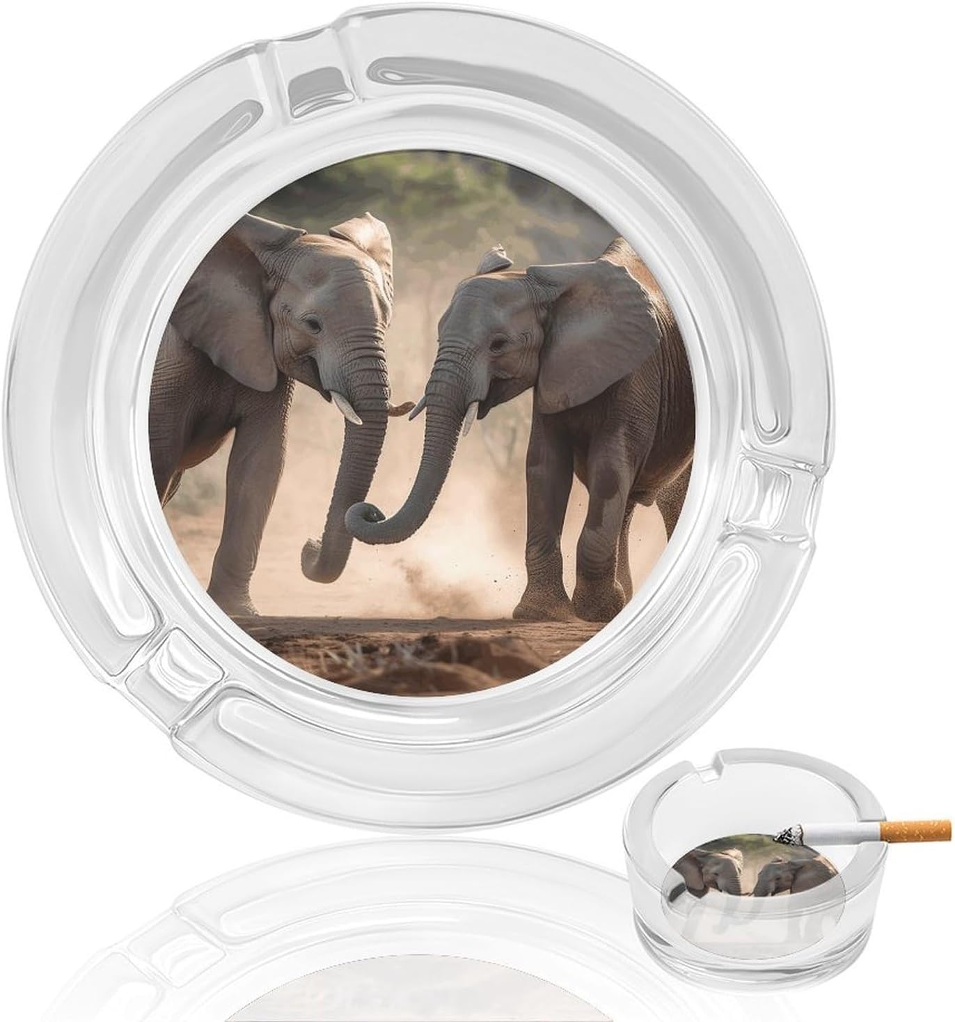 Glass Ashtray for Cigarette Ash Holder for Smokers Two Elephants Playing Round Decorative Ash Tray for Office Indoor Outdoor Patio