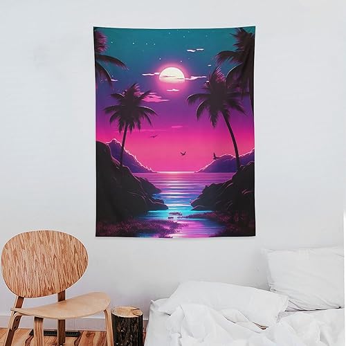 Miniatura 7 de QEOPGNE Tapiz grande para colgar en la pared, diseño nostálgico, retro, neón, atardecer, Synthwave, banderas de pared moradas, tapiz para