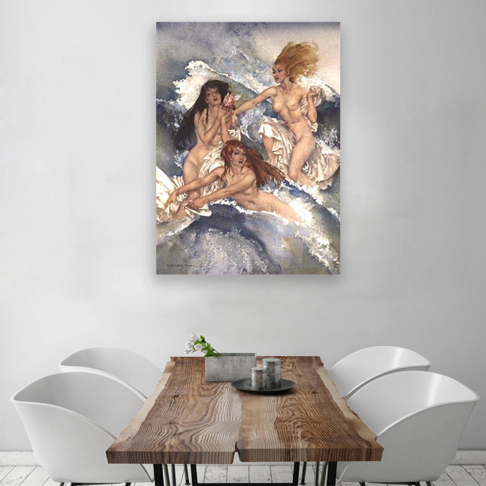 IKYE Cuadro. Impresión sobre Lienzo de William Russell Las Sirenas. Famoso Cartel de Arte de Cuadros clásica. reproducción de Imagen en Lienzo Arte para Pared 60x96cm (23.6x37.8in) Enmarcado