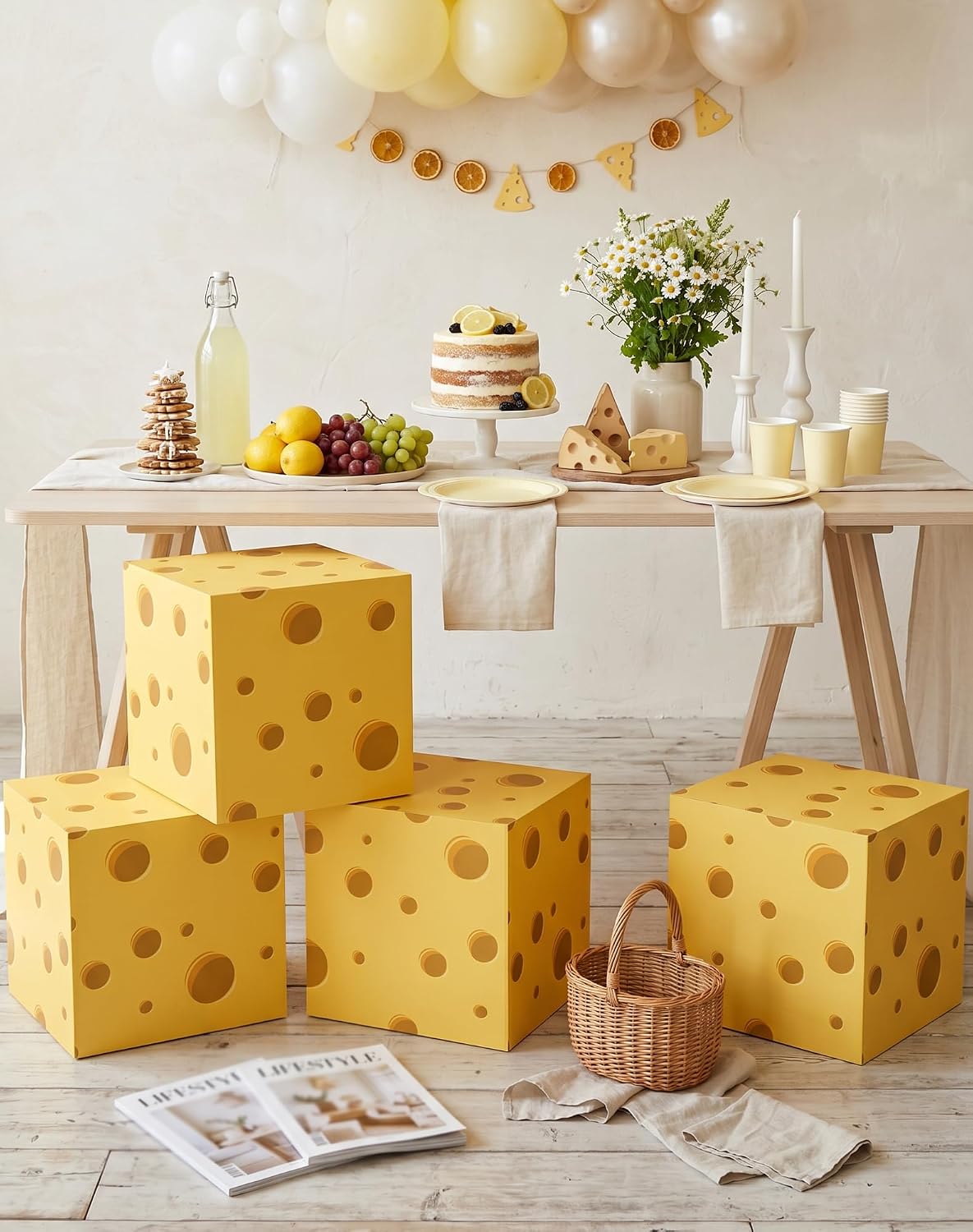 TOUROAM 4 PCS Cheese Party Decoration Boxes, Yellow Cheese Food Theme Centerpieces for Chef Theme Table Decor
