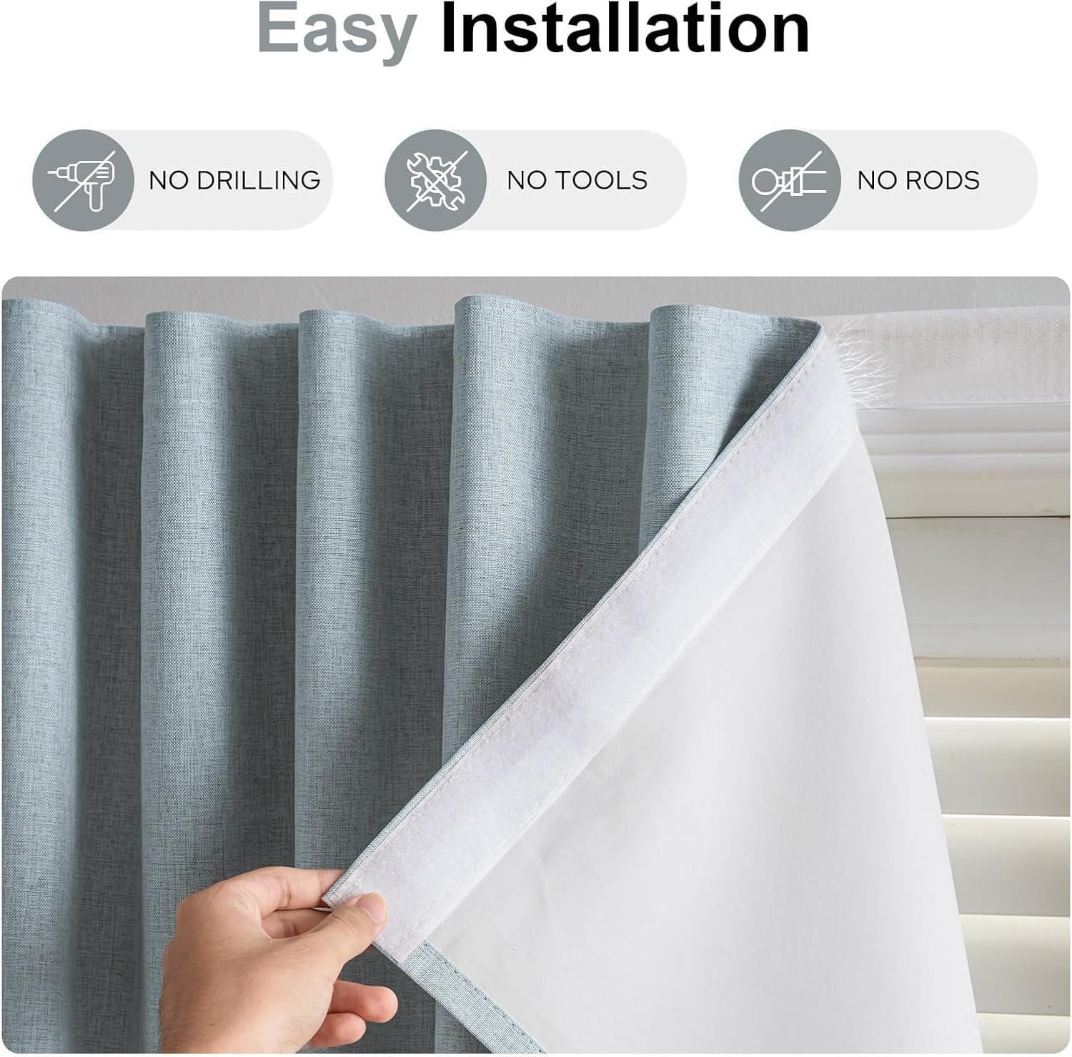 100% Blackout Curtains - Self Adhesive, No Drill Easy Install, Portable, Privacy Protection (Light Gray - W52 × L60 in)