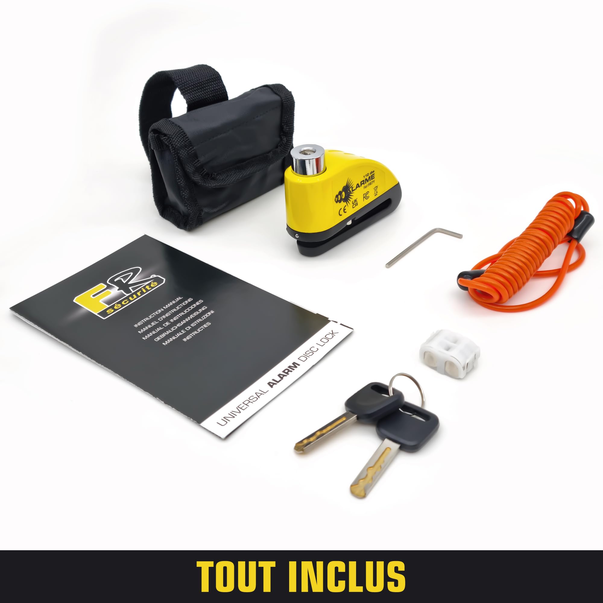 FR SECURITE FR7Y Antivol Moto, Bloc Disque Alarme 110db, Bloque Disque de Haute Sécurité avec 1.5m Câble Rappel, 6 Piles de Rechange et Sac pour Cadenas, Disc Lock pour Moto, Velo, Vespa