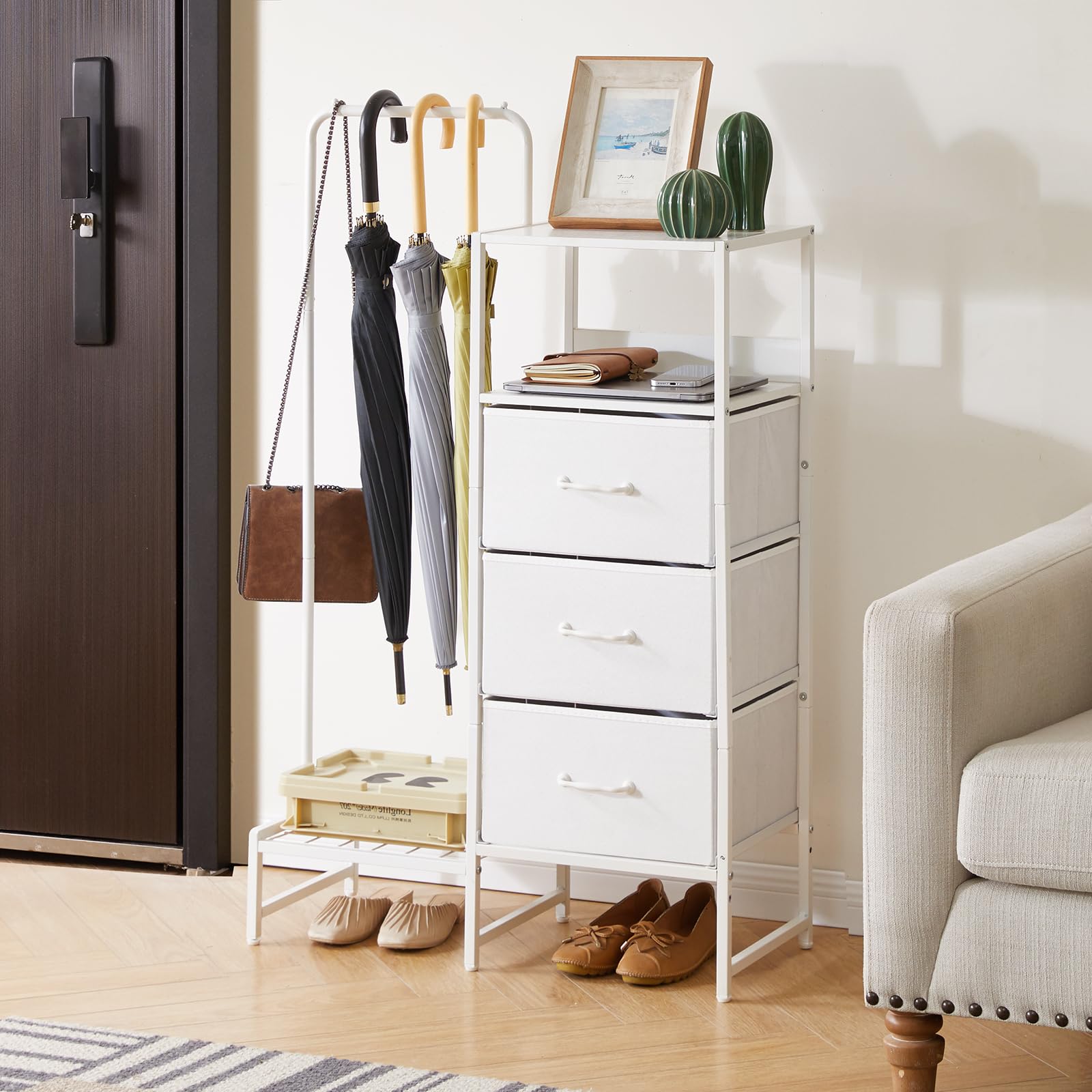 Aibiju Stoffkommode fürs Schlafzimmer, Stoffschubladenschrank mit Regalen und Kleiderstange, wendbarer Kleiderbügel für Flur, Eingangsbereich, Schlafzimmer, Wohnzimmer, Weiß YD-TM081W