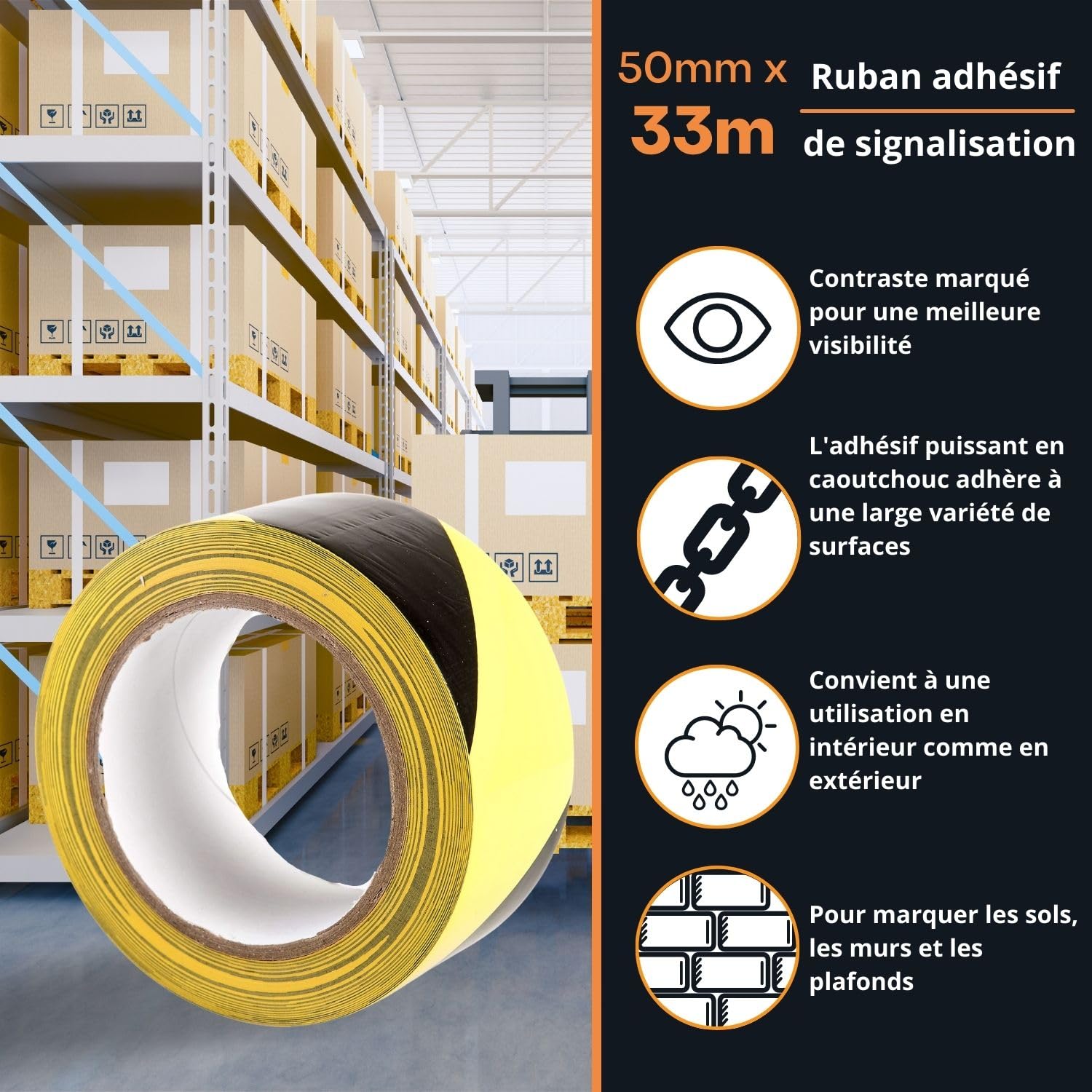 GTSE - Ruban de Marquage au Sol Jaune/Noir 50 mm x 33 m Lot de 10 rouleaux | Adhésif résistant, forte visibilité - idéal pistes de danse, gymnases, entrepôts et zones de sécurité