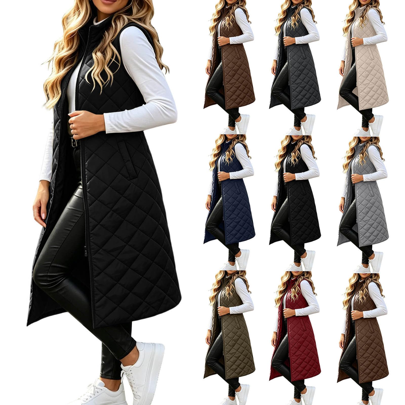Long Puffer Vest Women Sleeveless Quilted Zip Up Winter Jackets