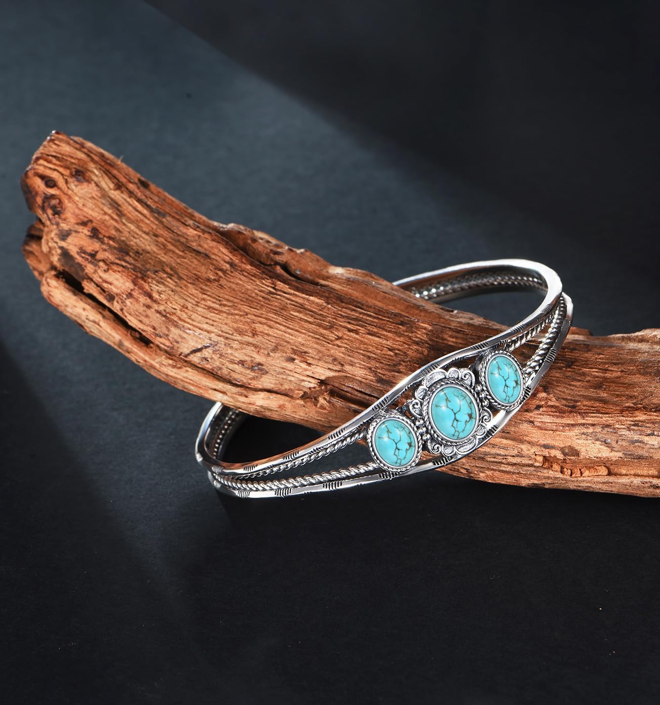 Genuine 3 Turquoise Stone Large Bracelet, Sterling Silver Boho Adjustable Bangle Cuff Native American Jewelry for Women, Fit for 6.5 7 7.5 Inches - Image 2