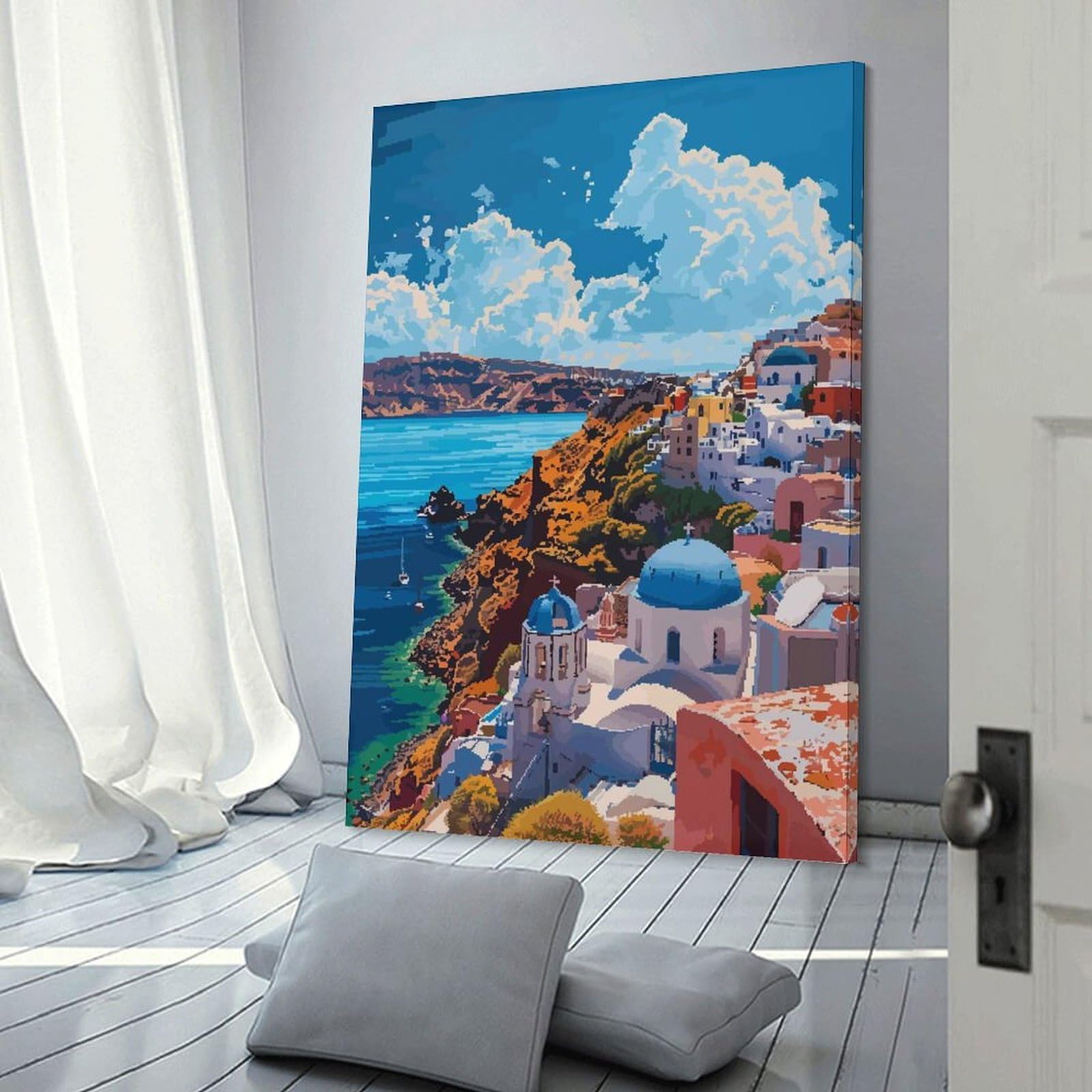 Junmoney Wall Art Print Greek Santorini Art Retro, 08x12inch(20x30cm), for Study, Office Or Focused Interiors, Decorative Artwork for Productive Spaces
