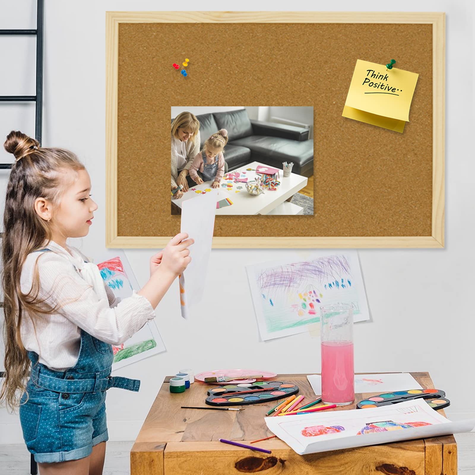 OWLKELA 90X60 cm Bacheca in Sughero Addensata, Lavagna Sughero, Pannelli Sughero, con 10 Puntine da Disegno e Anelli per Appendere Vision Board, Bacheca per Ufficio, Aula o CasaCornice in Legno