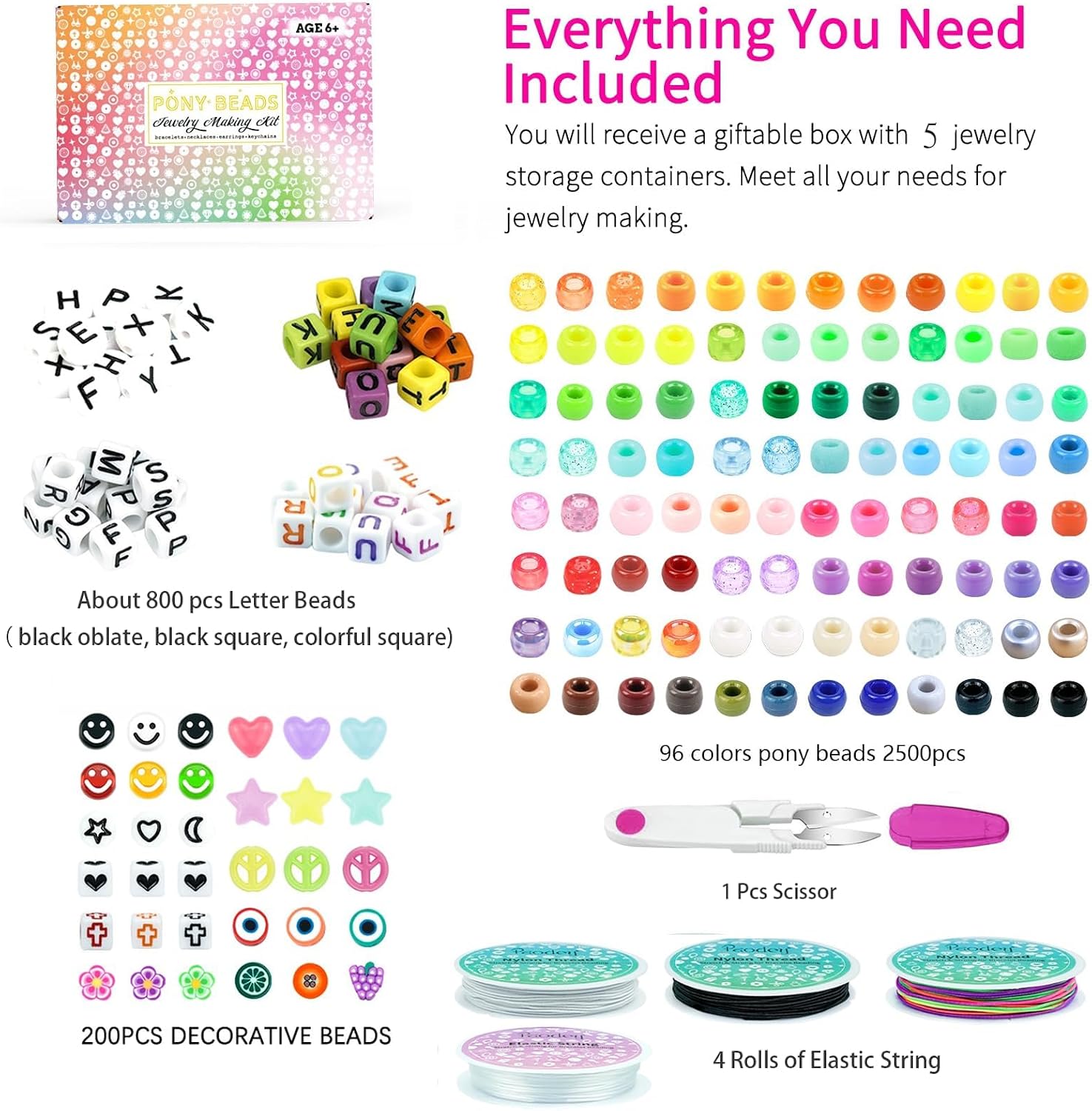 5 Boxes Bracelet Making Kit Pony Beads, 96 Colors Kandi Beads for Bracelets thumbnail