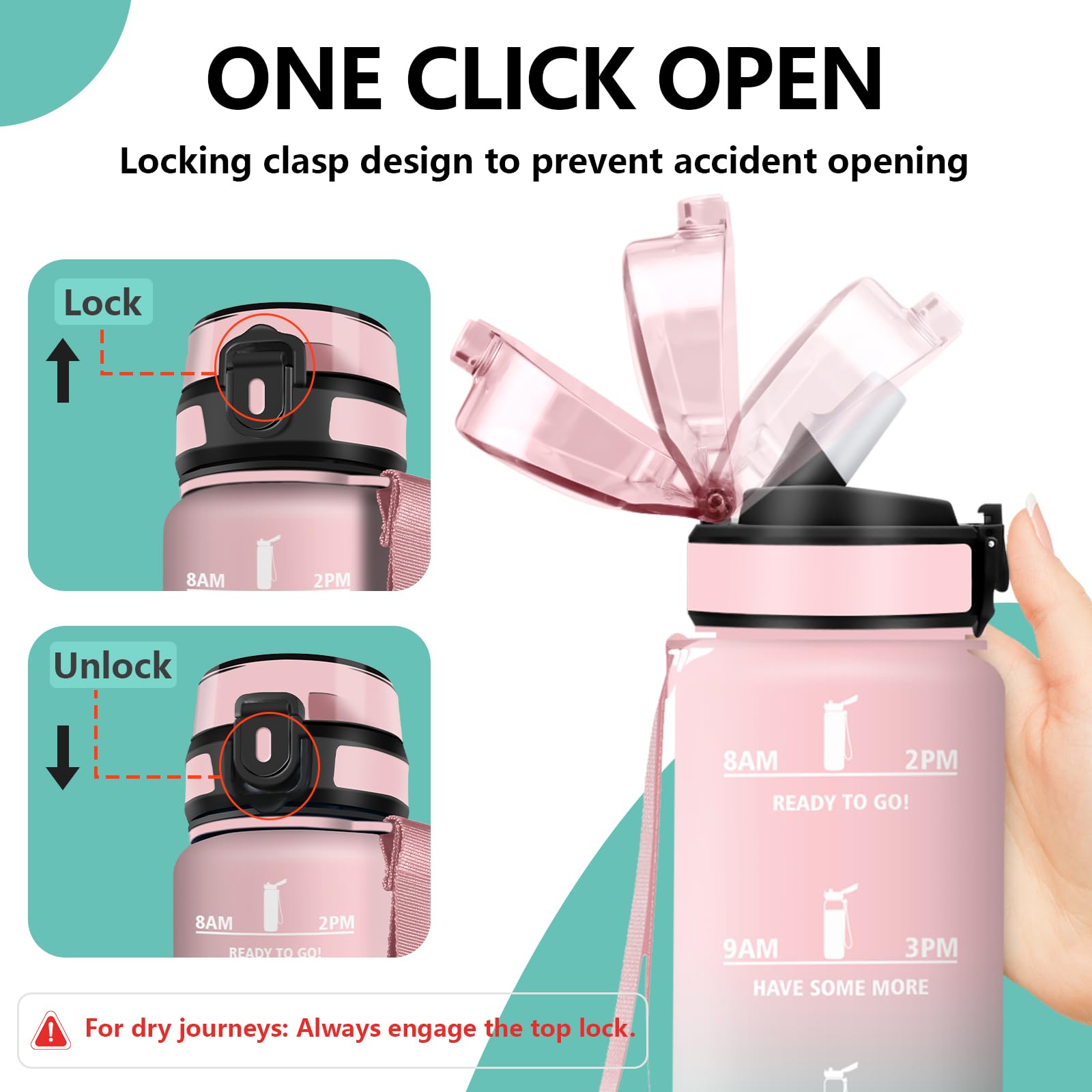 Grsta Borraccia 1 litro, Senza Perdite Borraccie Palestra, con Indicatore del Tempo, Borracce con Cannuccia, Bottiglia Motivazionale per Scuola, Fitness, Campeggio