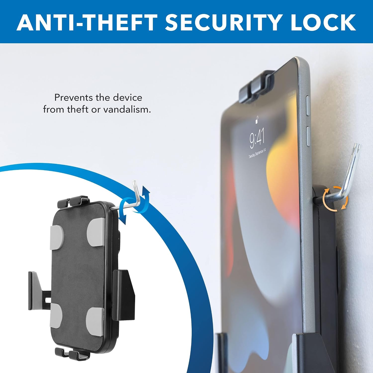 Mount-It! Anti-Theft Tablet Wall Mount | Lockable, Adjustable Clamps for Tablets 7.9–11 Inches, Full Motion Tilt, Swivel, Rotation, VESA 75x75, Perfect for Retail, Office, Hotels, Black