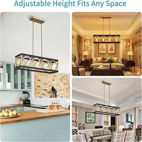 Miniatura 6 de XINGQI Lámpara de araña rectangular moderna, iluminación de isla de cocina de granja, lámpara colgante industrial rústica de 4 luces, colgante