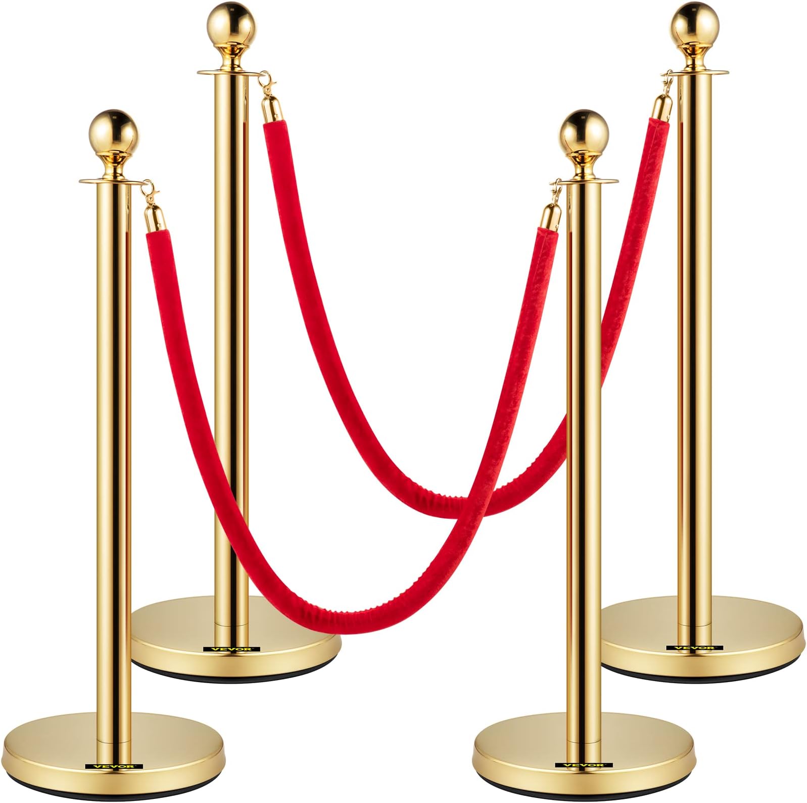 VEVORVelvet Ropes and Posts, 5 ft/1.5 m Red Rope, Stainless Steel Gold Stanchion with Ball Top, Red Crowd Control Barrier Used for Theaters, Party, Wedding, Exhibition, Ticket Offices 4 packSets