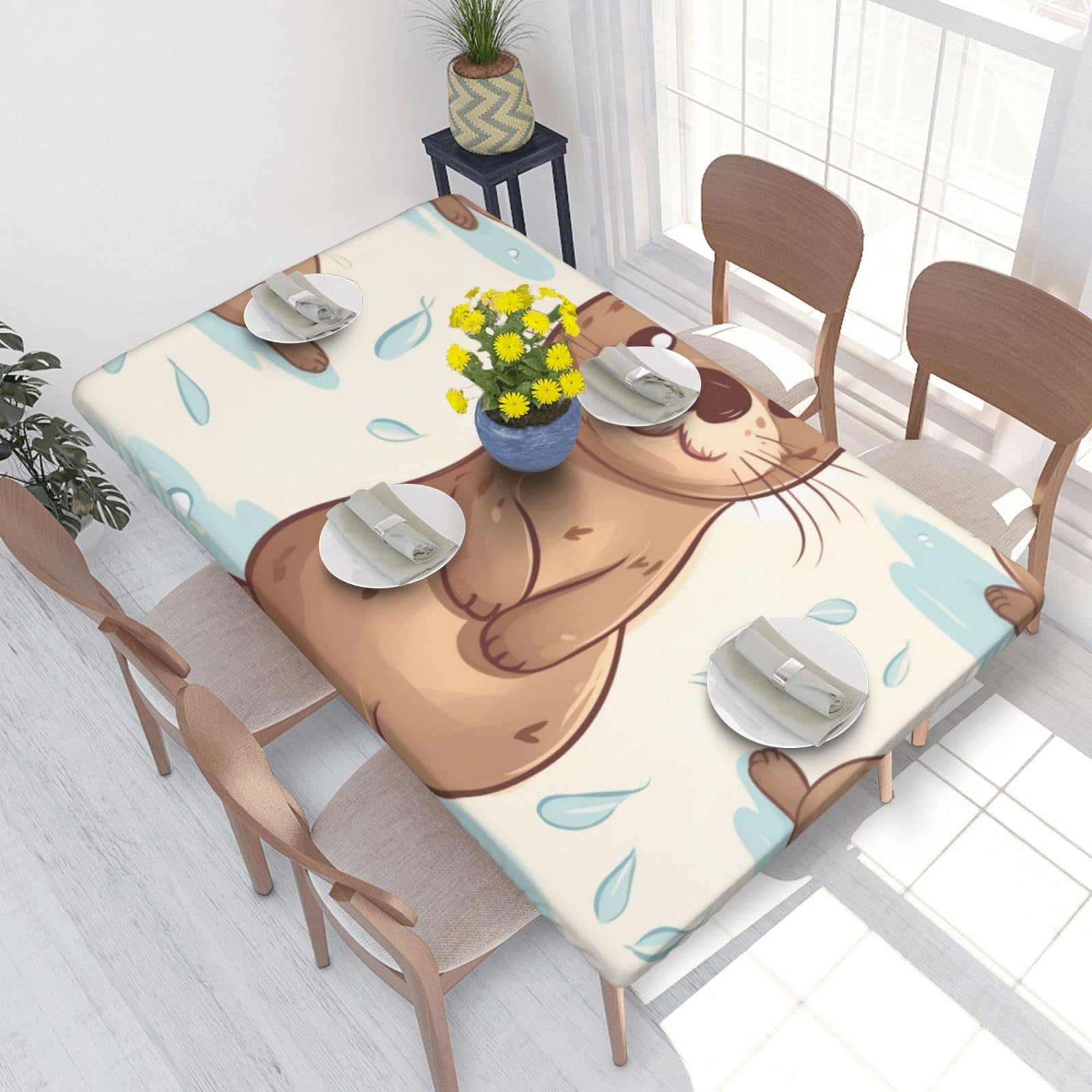 WPKJU Cartoon Cute Otter Printed Tablecloths 4ft Rectangular Table Covers Washable Polyester Decorative Table Cloth for Dining Table Picnic Wedding