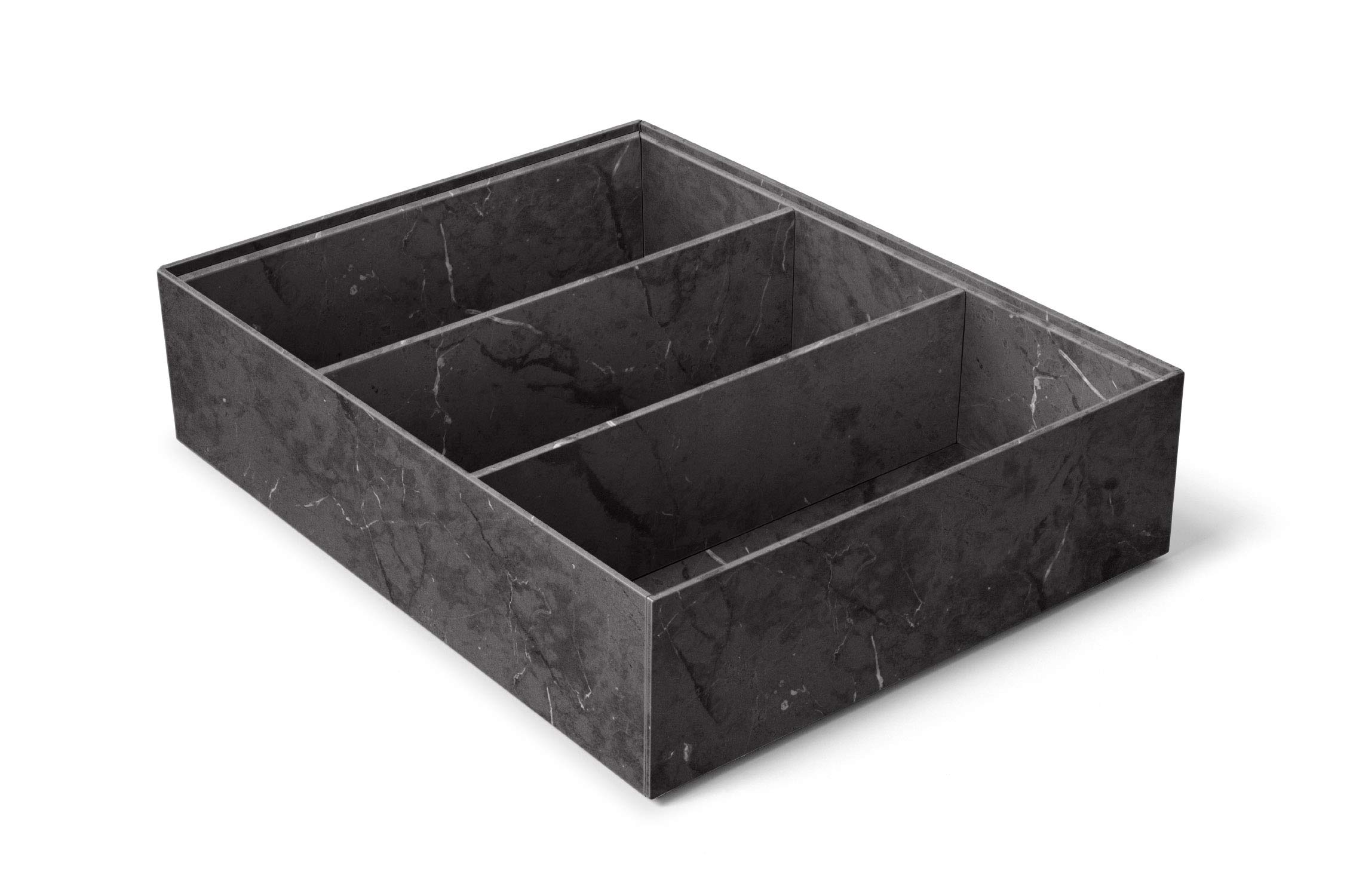 ilo - Organizador Cajones cm 35x27 H.8,5 - Almacenamiento de Escritorio - Caja con 3 Compartimentos - Recubrimiento con Textura Efecto Cemento Negro - Reciclable y Fabricado en Italia