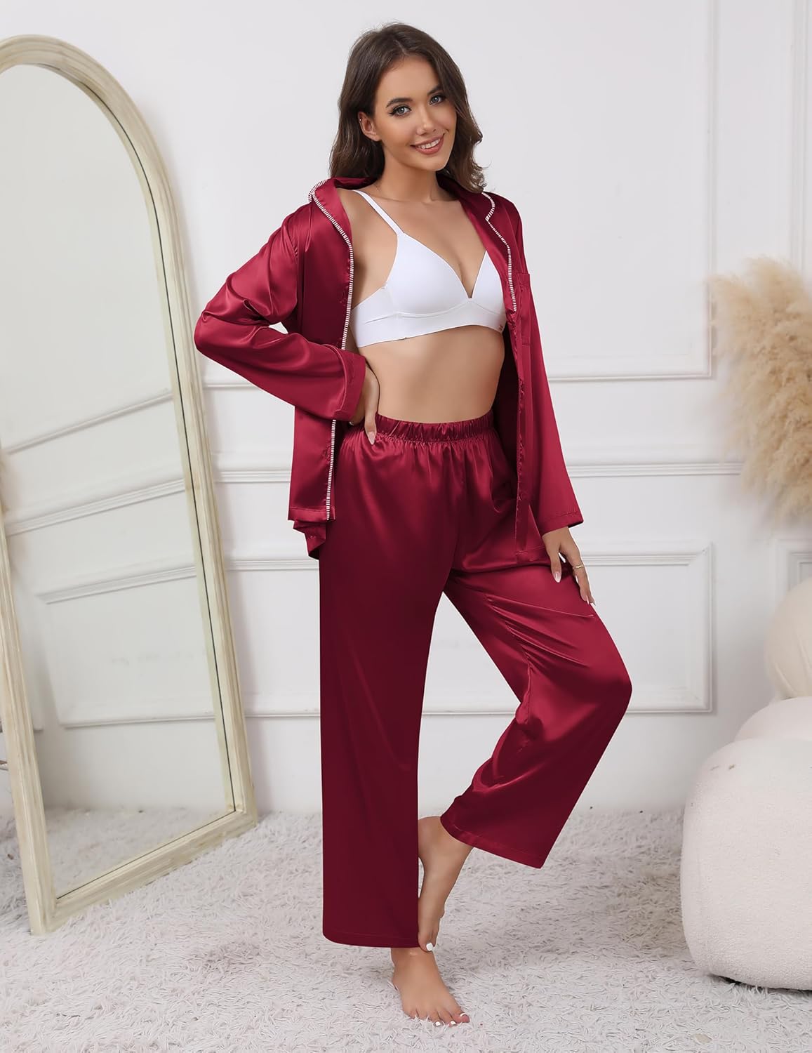 Ekouaer Pajamas For Women Set Silk Pjs 2 Piece Satin Sleepwear Long Sleeve Button Down Lounge Sets With Pant - Image 5