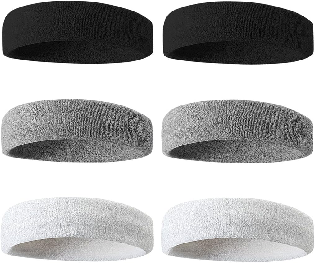BEACE Sweatband Sports Headband for Men and Women, Moisture Wicking Athletic Cotton Terry Cloth Tennis, Running, Gym, Working Out, 6Pcs, 2Black 2Gray 2White