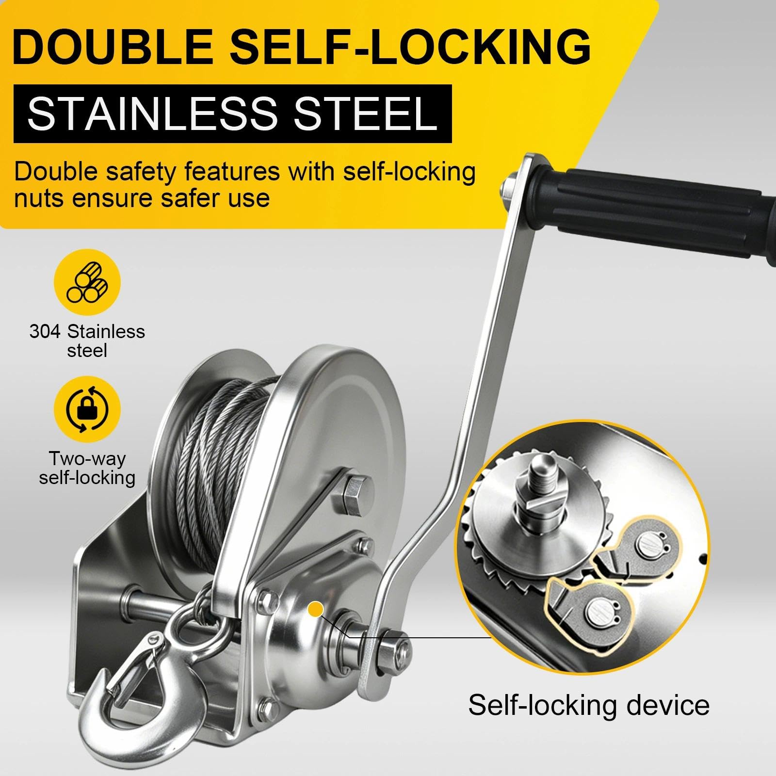 Verricello Manuale Piccolo Inox, Argano Manuale a Fune(10m,1200lbs)